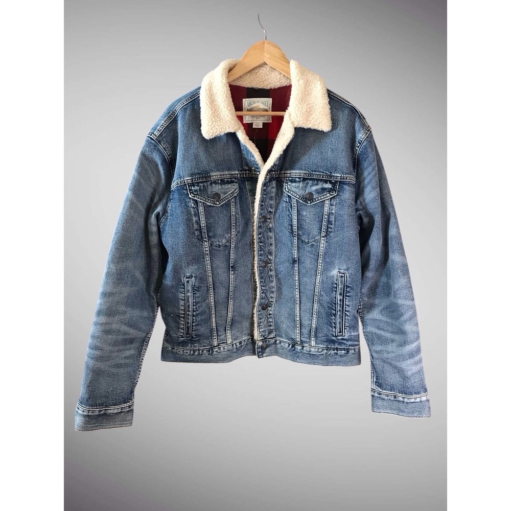 American Eagle Denim Jacket Sherpa Collar‎ Plaid Lined Jean Jacket L